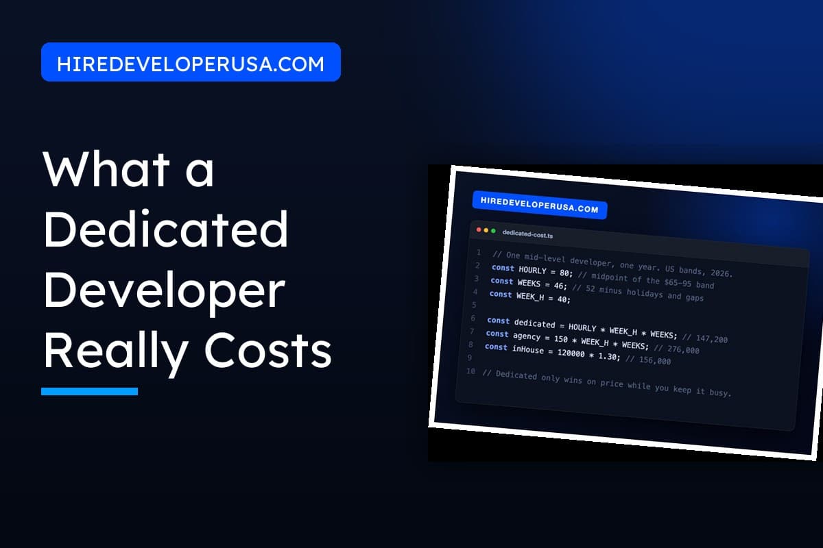 Cover image for a guide to hiring a dedicated developer, showing the annual cost calculation for one mid-level engineer next to the article title.